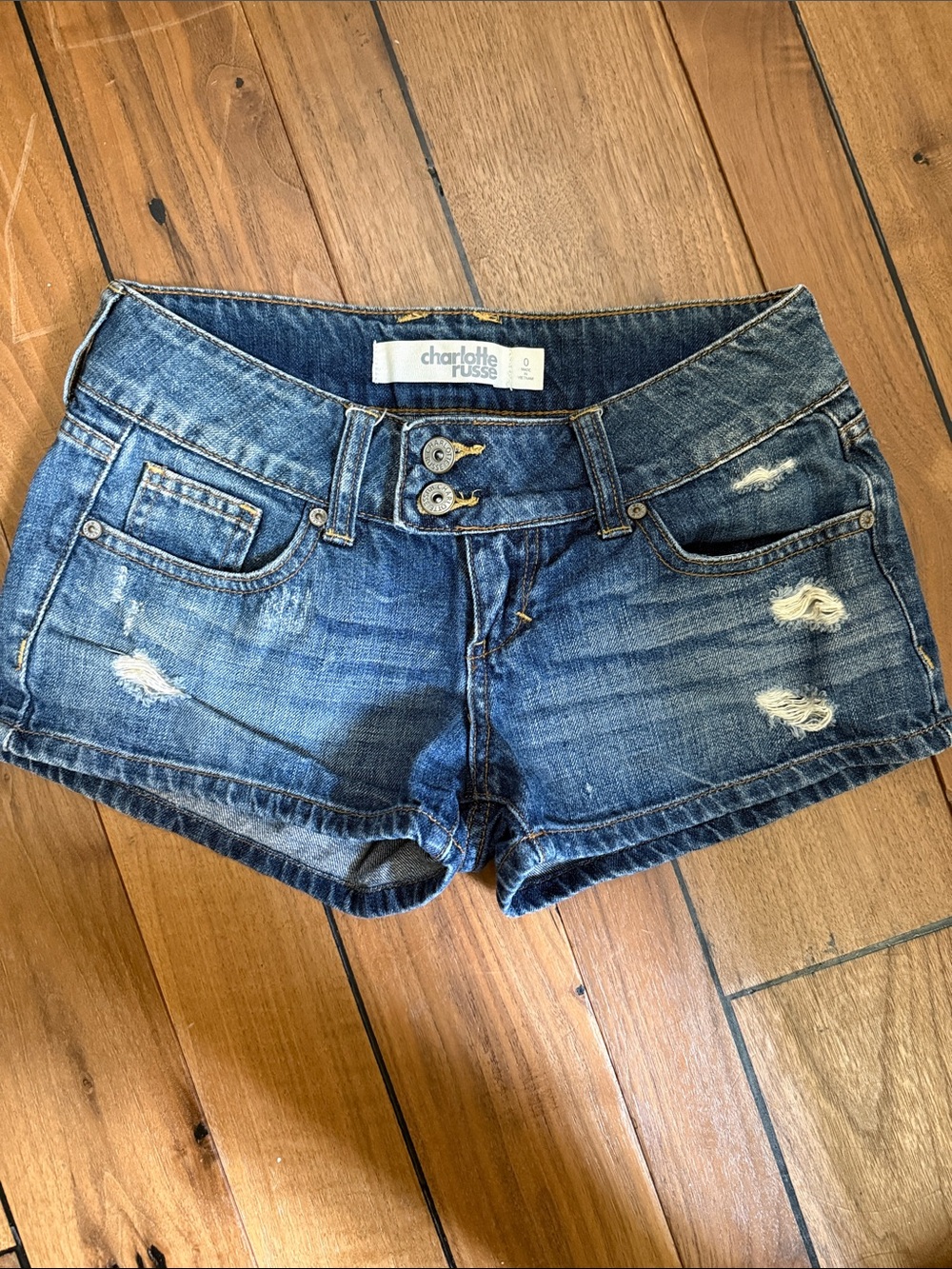 Charlotte Russe Blue Distressed Low-Rise Denim Shorts Sz 0
